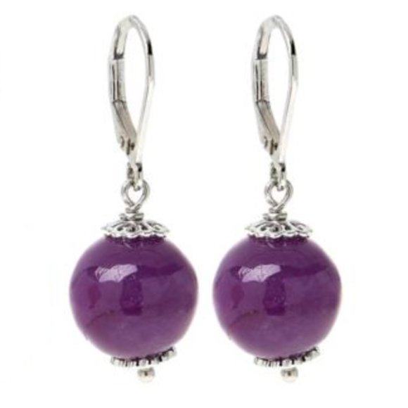 Sterling Silver Lavender Jade Bead Drop Leverback Earrings - Picture 1 of 5